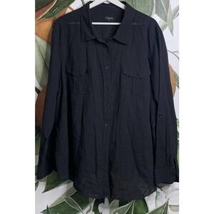 Talbots Woman 24W Black Semi Sheer Button Front Long Sleeve Shirt Cotton